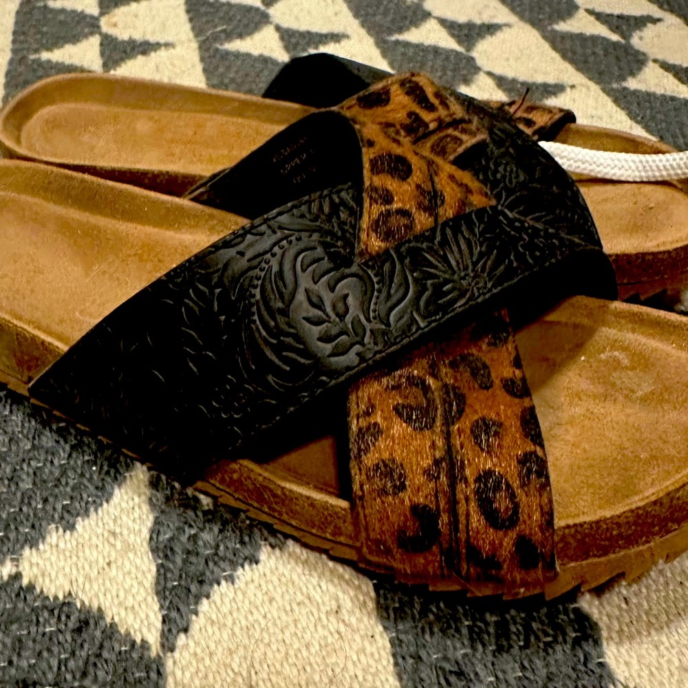 Myra Bag Brown and Black Sandals with Two-Strap Design